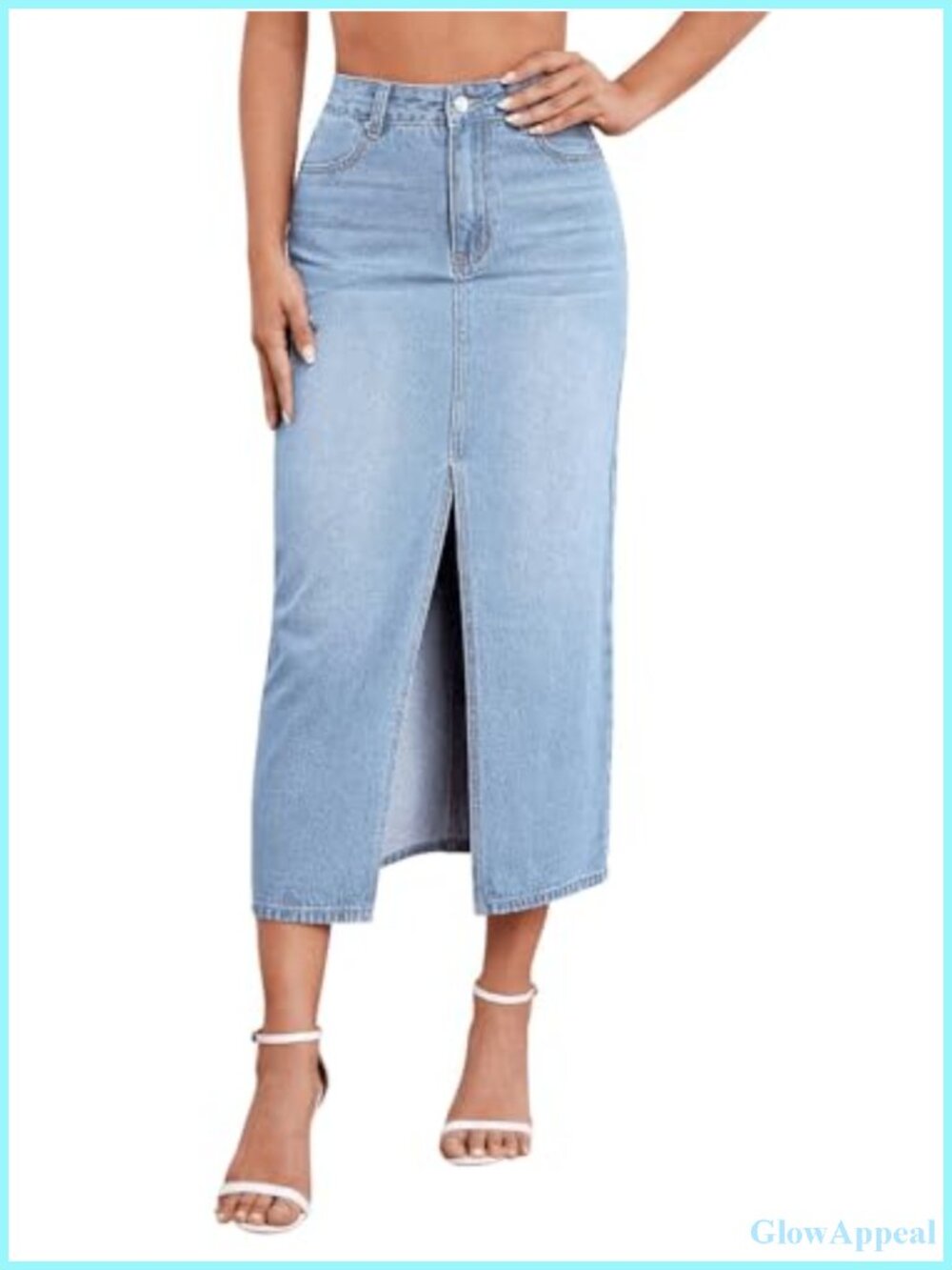 Women's Stretch Denim Midi Skirt A-Line Front Slit High Rise Comfort